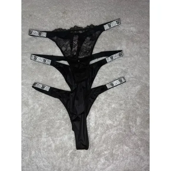 NWT Victoria’s Secret Very Sexy Black "Bling" Thong Bundle 3pc Size L - Picture 1 of 10
